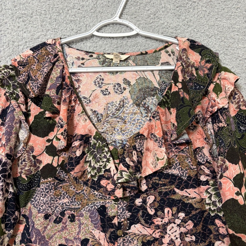 Work Casual Floral Button Front Blouse Cotton Blend 3X Side Slits Ruffle V-Neck‎ - Picture 3 of 10